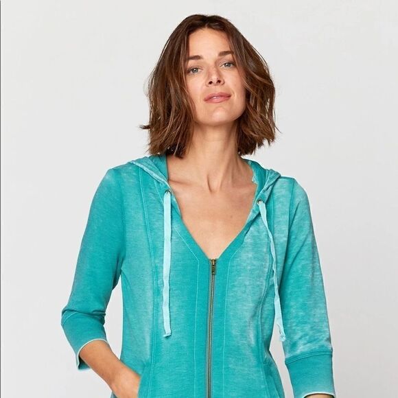XCVI Cotton Trendy Tropical Blue Women’s 3/4 Sleeve DrawString Hoodie zip up NWT - Picture 2 of 4